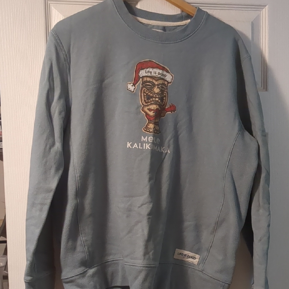 Life Is Good Blue Crewneck Sweater with Festive Design